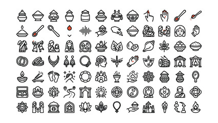 Fototapeta premium Collection of Minimalist Line Icons Featuring Cultural Religious Symbols and Everyday Life Activities on Transparent Background