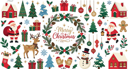 Fototapeta premium Merry Christmas festive vector illustration set with Santa Claus reindeer snowman and holiday decorative elements