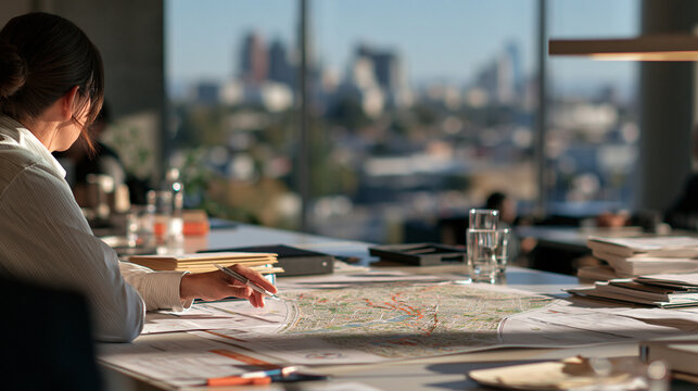 The spatial relationship between a printed neighborhood response map spread across a long table and the emergency management records area: a stack of shifted folders beside the map