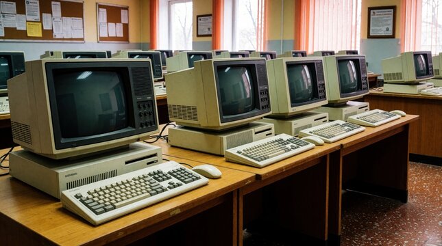 Retro computer lab with rows of vintage CRT monitors on wooden desks. Old desktop PCs with beige keyboards, mice sit in empty classroom. Nostalgic 1980s 1990s workspace featuring obsolete electronic