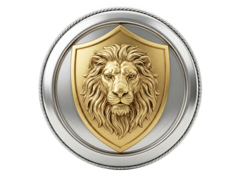 A golden lion head emblem on a metallic silver shield isolated on transparent background