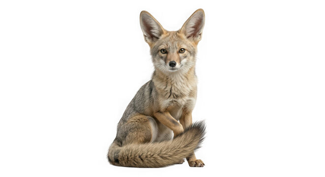 Cute young fennec fox sitting on white background with large ears and curious expression