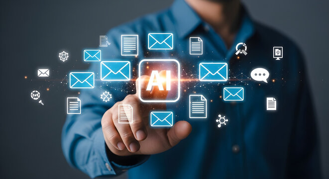 Businessman Interacting with AI Driven Email Automation System and Virtual Communication Interface for Digital Marketing and Efficient Corporate Productivity