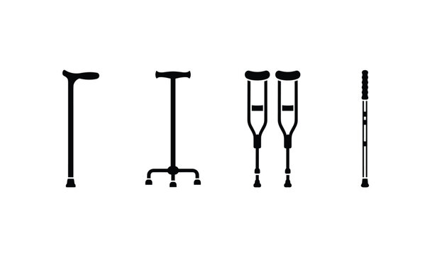 Mobility aid silhouette icons set showing different types of walking sticks, quad canes, and crutches for rehabilitation and support.