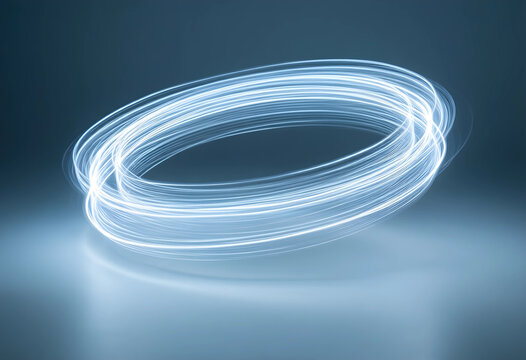 Innovation and technology concept, abstract light trails forming a glowing ring with motion blur and futuristic energy flow on a dark blue background
