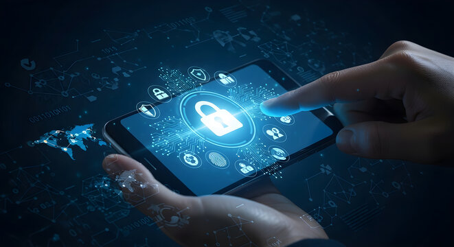 Hand Touching Smartphone Screen Displaying Cyber Security Padlock Icon for Digital Data Privacy Protection and Secure Mobile Network Access Concept