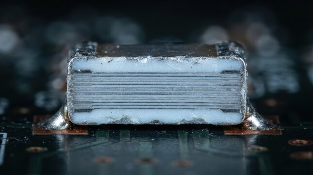 Multilayer ceramic capacitor cross section with alternating dielectric and electrode layers and microscopic edge chips in a lab.