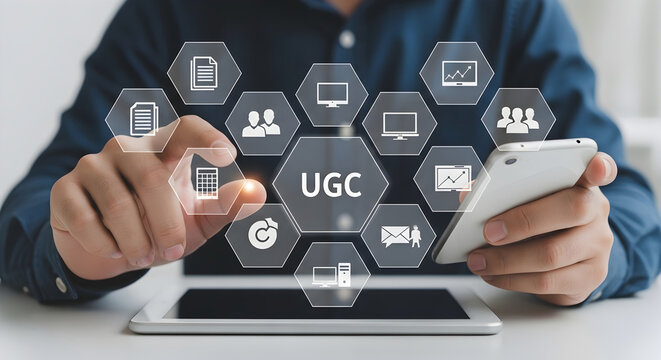 Businessman Interacting with User Generated Content Network Icons for Digital Marketing Strategy and Social Media Engagement Analysis