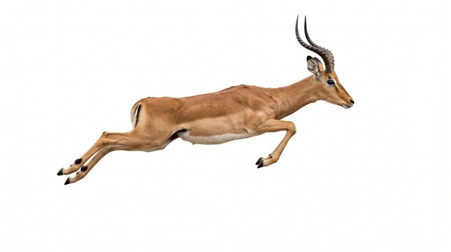 Impala Leap: An agile impala with elegant horns soars through the air in a dynamic leap against a clean white background, showcasing its speed and grace.