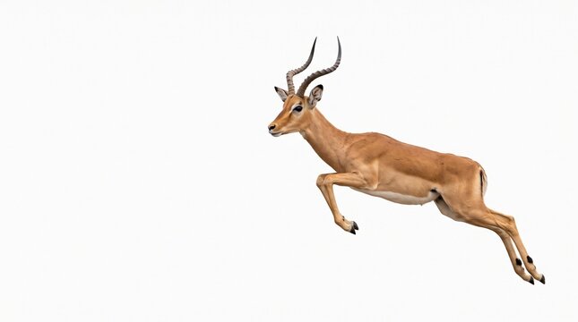 Leaping Impala: An elegant impala, with its graceful horns and slender body, is captured mid-leap against a clean white background, showcasing its agility and speed.