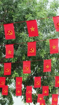 Vietnamese National Red Flags Hanging on City Street. National holiday, public decoration and civic pride concept. Vertical real time footage.