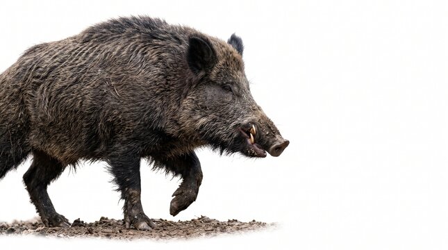 Wild Boar on the Move: A powerful wild boar with thick, bristly fur and formidable tusks strides across barren ground, captured in a moment of dynamic motion.