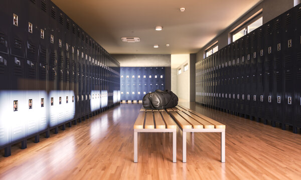 Gym locker room with sports bag 3d