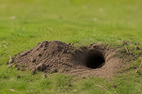 Animal burrow entrance in grassy meadow, nature and wildlife habitat concept