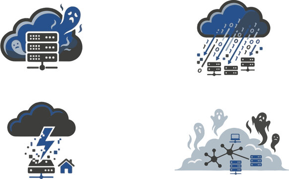 Haunted cloud computing network icons in slate navy and pale blue