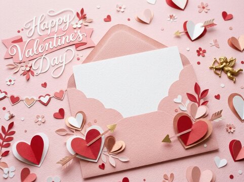 Happy valentines day greeting card with paper craft hearts, envelope, and cupid on pink background