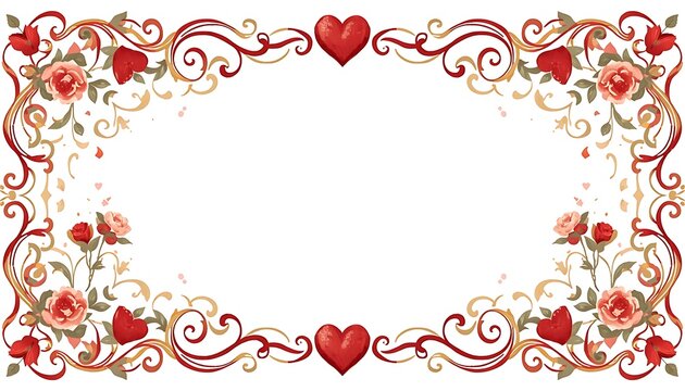 Royal Filigree Heart Frame Surrounded by Crimson Roses and Floral Elements
