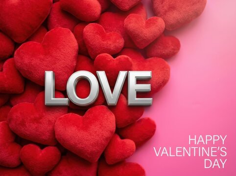 Happy valentines day greeting card with silver love text surrounded by many soft red plush hearts on a vibrant pink background