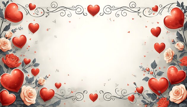 Vibrant Red Heart Balloon Border Frame with Mixed Floral Accents Background