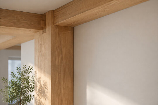 Light oak column with wooden joint and green plant, interior architecture concept