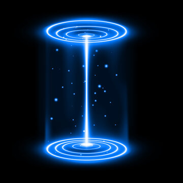 Glowing blue sci fi portal with circular energy rings and light beam isolated on a black background