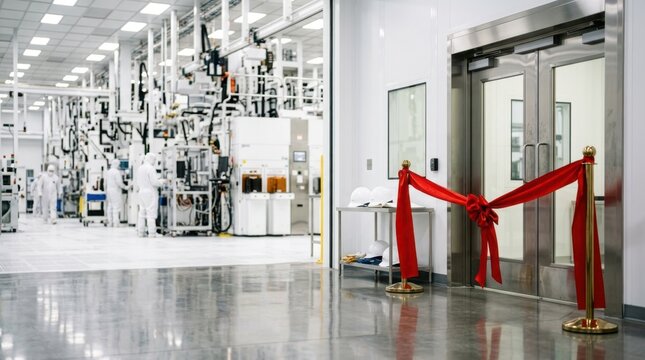 Ceremonial red ribbon beside a cleanroom entrance in a semiconductor fab with hard hats, polished concrete floor, and machinery in the background.