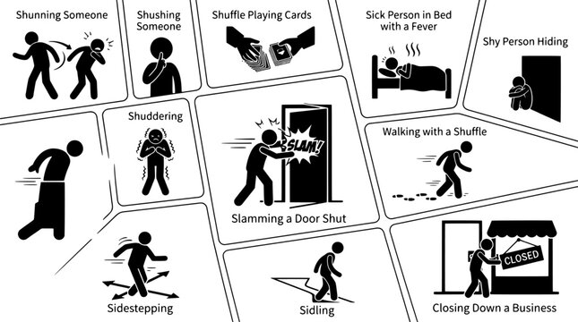 Set of stick figure icons representing various human actions and social behaviors including slamming a door, shunning, shivering, and sidestepping