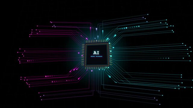 Artificial Intelligence Neural Processor Chip with Glowing Data Connections on a Dark Background