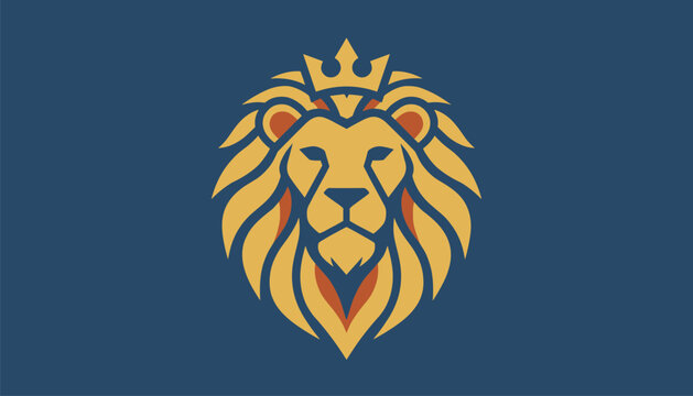 Powerful lion head wearing a golden crown is depicted in a bold, modern logo design against a dark blue background.