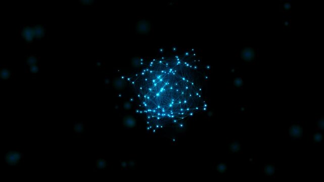 Blue Glowing Plexus Sphere Rotating in Dark Space as Concept of Quantum Technology and Data Nodes