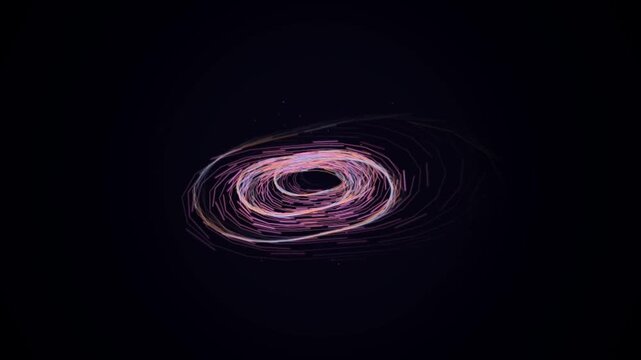 Abstract Swirling Neon Particle Ring Animation Rotating in Deep Black Space with Glowing Light Lines