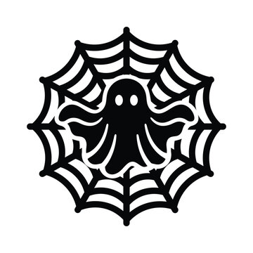 Silhouette of ghost trapped in spider web black and white surreal Halloween metaphor
