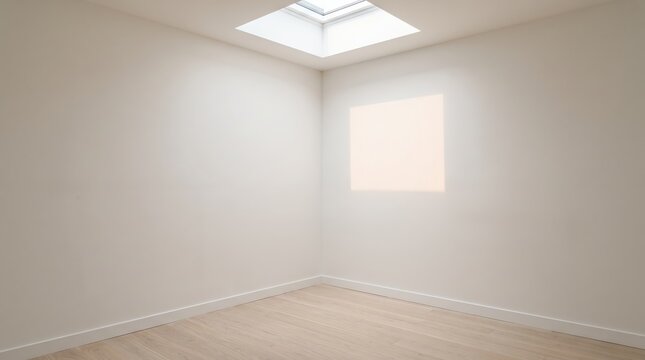 Empty minimalist white room corner with large skylight window casting natural sunlight square patch on wall, bright airy attic space, clean architectural interior design