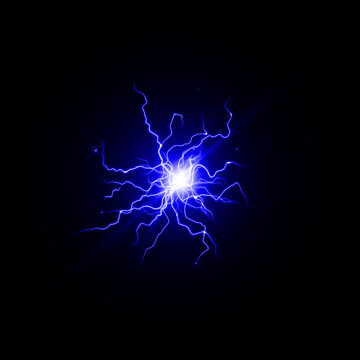 Bright blue electric discharge sparks radiating from a central point isolated on a solid black background