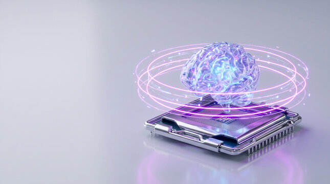 3D render of glowing glass brain icon seated on chrome CPU processor socket with orbiting neon magenta energy rings on light grey backdrop with copy space