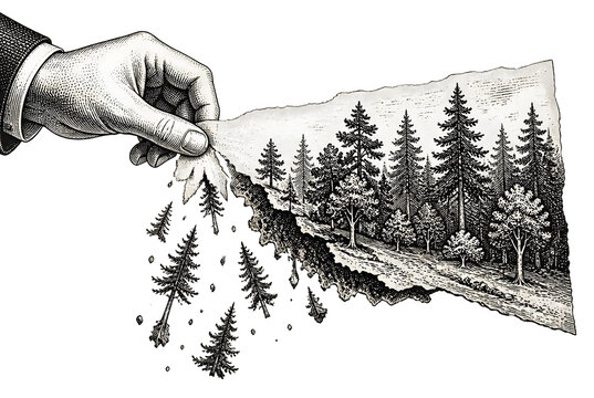 Hand Pulling Tattered Paper Revealing Forest Illustration.