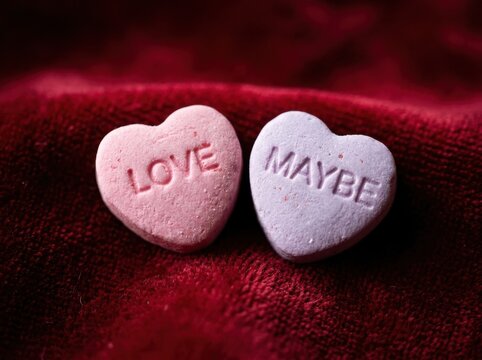 Two heartshaped candy conversation hearts with the words love and maybe embossed on them, resting on a soft red velvet fabric background