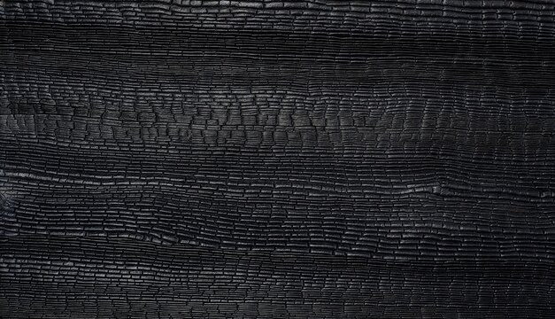 炭化させた木材のイメージテクスチャ 深い黒の焦げた木目と微かな銀色の光沢がある真上からのフラットレイ
