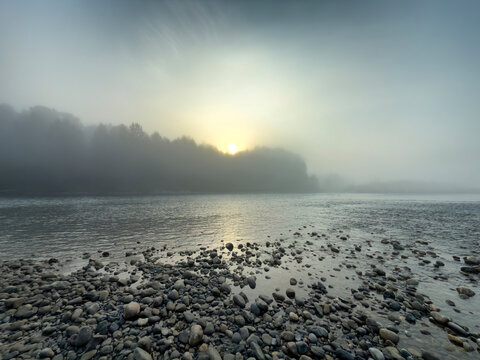Extremely foggy day during sunrise on the Skagit River during fishing trip
