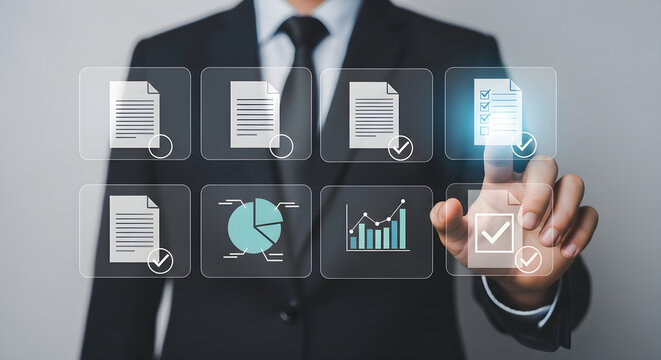 Business Professional Interacting With Digital Document Management Interface To Optimize Workflow Productivity And Automated Data Analysis