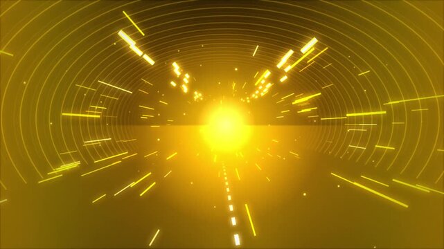 Fast Moving Golden Light Tunnel Speeding Through A Futuristic Neon Corridor In A Digital Network