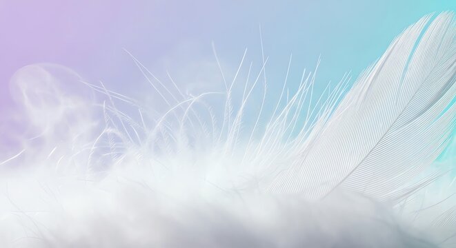 Soft white feather floating in the air with a beautiful light pastel blue and purple background