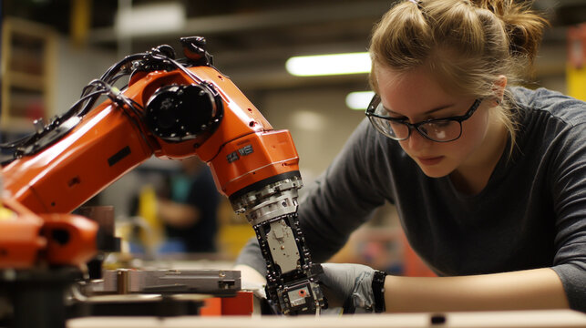 Young female student wearing safety glasses assembling a robotic device in an engineering classroom with robotics lab student engineer stem education