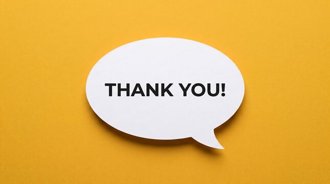 White speech bubble with thank you text on a vibrant yellow background representing appreciation.