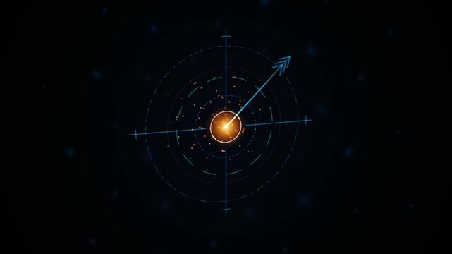 Futuristic blue HUD compass radar animation with glowing orange target particles on black