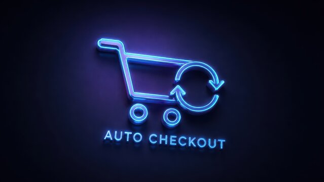 Blue neon automatic checkout shopping cart icon on dark purple