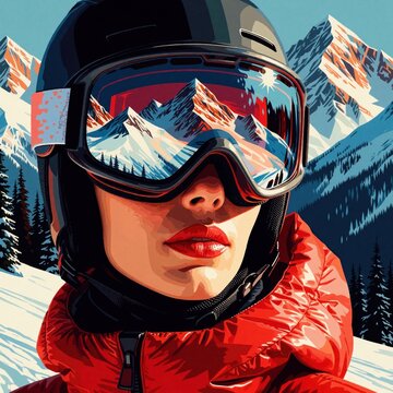 Woman skier wears goggles reflecting snow mountains. She is dressed for cold weather on ski slope. Bright red jacket contrasts with winter landscape. Person enjoys outdoor sport activity.