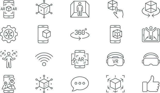 Augmented reality and virtual reality line icons set featuring smart phone simulation vr glasses and 3d model symbols