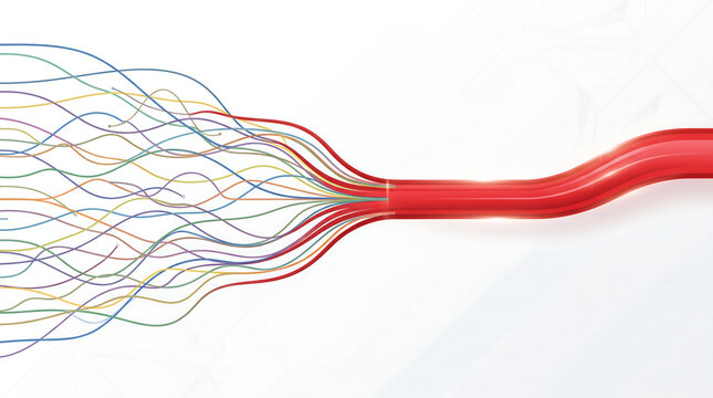 Abstract 3D render of colorful converging lines and cables merging into a central conduit system on a minimalist white background