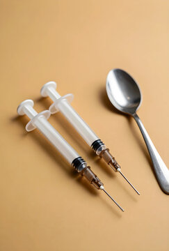 Drug addiction and substance abuse crisis, medical syringes and metal spoon on a plain background for healthcare awareness and social health issues